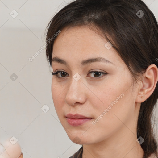 Neutral white young-adult female with medium  brown hair and brown eyes