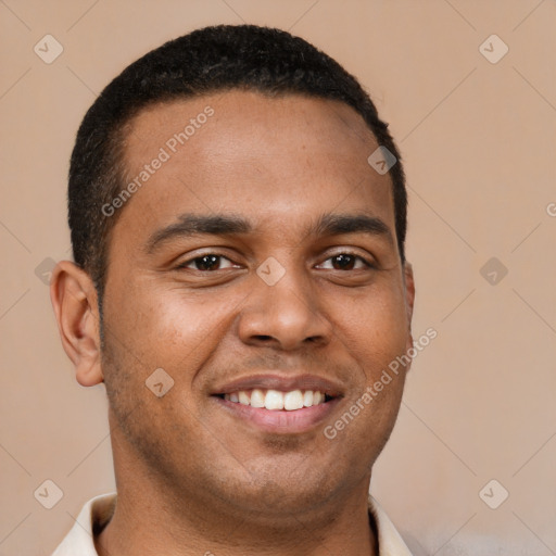 Joyful latino young-adult male with short  brown hair and brown eyes