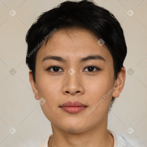 Neutral asian young-adult female with short  black hair and brown eyes