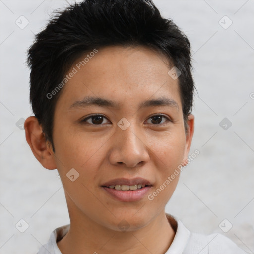 Joyful asian young-adult female with short  brown hair and brown eyes