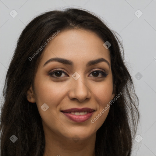 Joyful latino young-adult female with long  brown hair and brown eyes