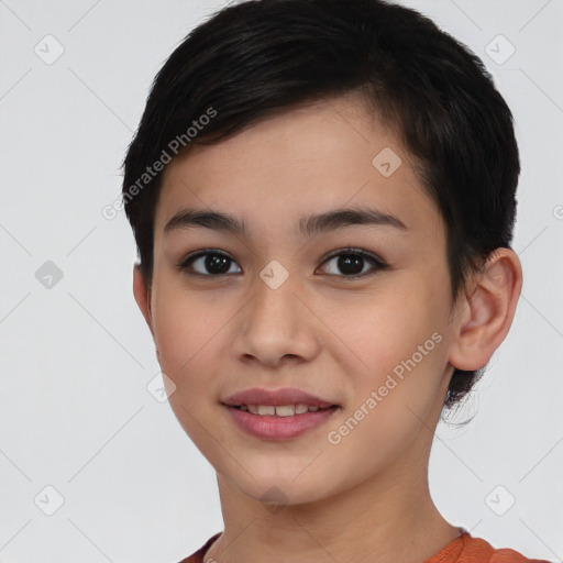 Joyful asian young-adult female with short  black hair and brown eyes