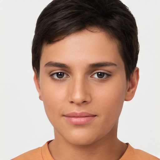 Neutral white young-adult female with short  brown hair and brown eyes