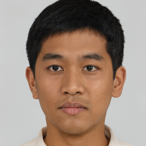 Neutral asian young-adult male with short  black hair and brown eyes