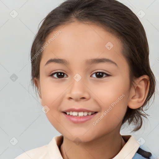 Joyful white child female with medium  brown hair and brown eyes