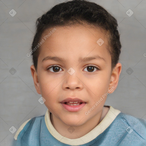 Joyful white child female with short  brown hair and brown eyes