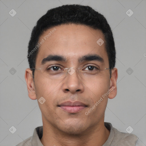 Neutral latino young-adult male with short  black hair and brown eyes