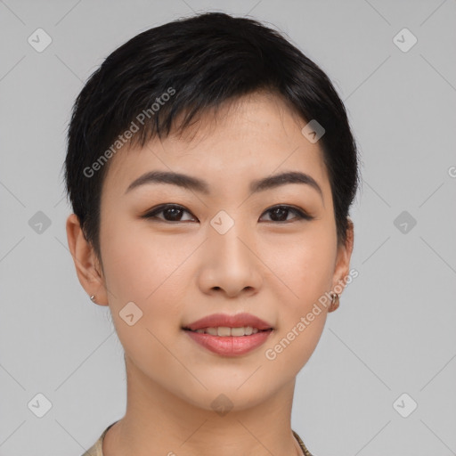 Joyful asian young-adult female with short  black hair and brown eyes