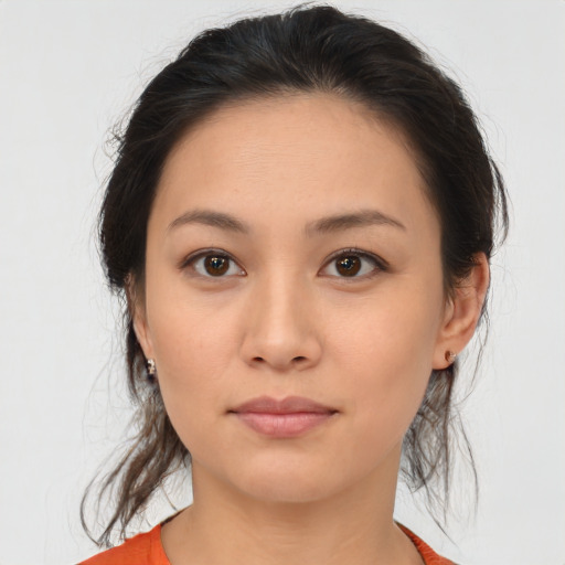 Neutral asian young-adult female with medium  brown hair and brown eyes