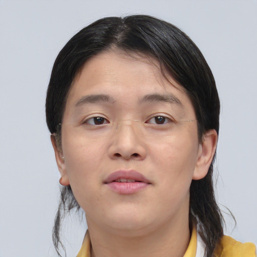 Neutral white young-adult female with medium  brown hair and brown eyes