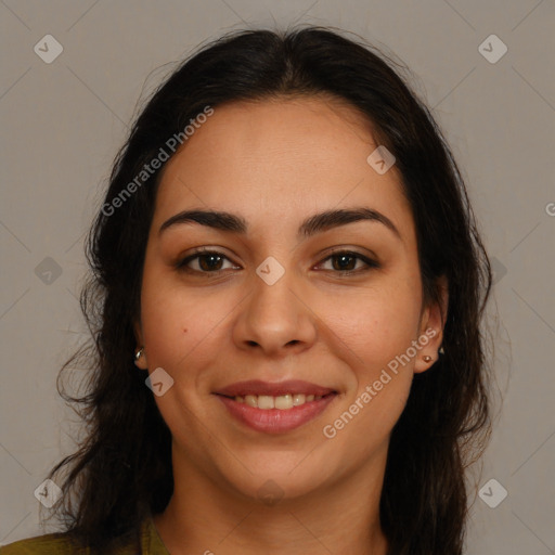 Joyful latino young-adult female with long  brown hair and brown eyes