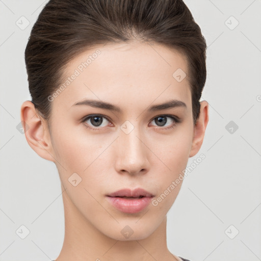 Neutral white young-adult female with short  brown hair and brown eyes