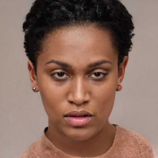Neutral latino young-adult female with short  brown hair and brown eyes