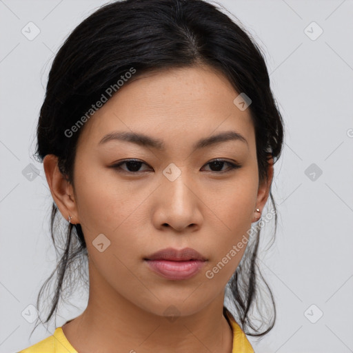 Neutral asian young-adult female with medium  brown hair and brown eyes