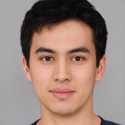 Neutral asian young-adult male with short  black hair and brown eyes