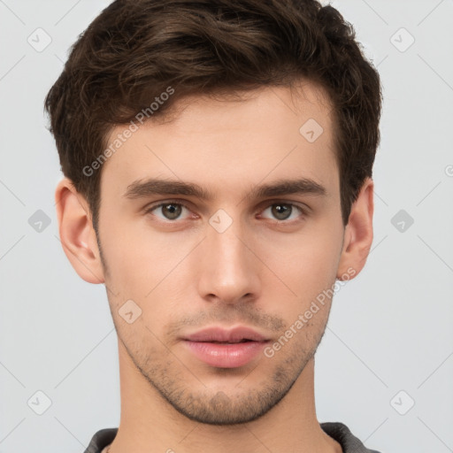 Neutral white young-adult male with short  brown hair and brown eyes