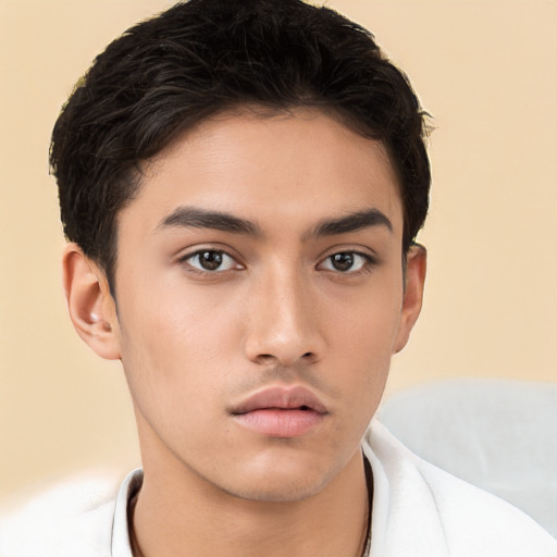 Neutral asian young-adult male with short  brown hair and brown eyes