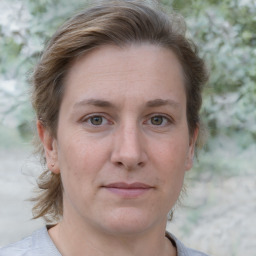 Joyful white adult female with medium  brown hair and grey eyes