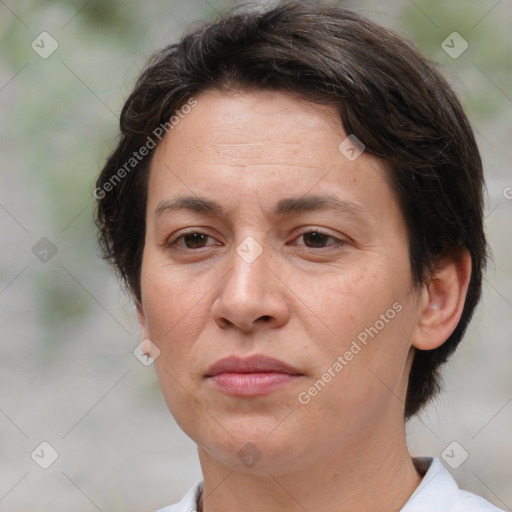 Joyful white adult female with short  brown hair and brown eyes