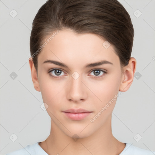 Neutral white young-adult female with short  brown hair and brown eyes