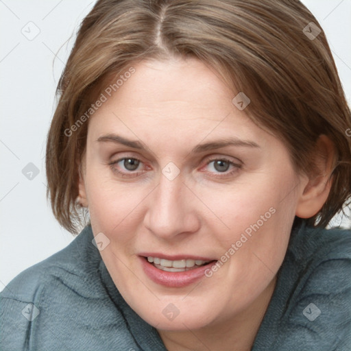 Joyful white young-adult female with medium  brown hair and blue eyes