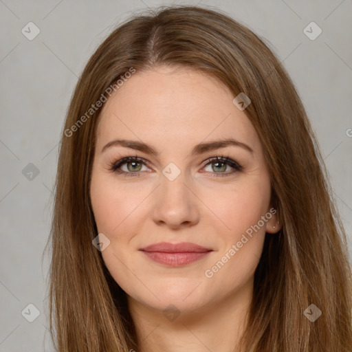 Joyful white young-adult female with long  brown hair and green eyes