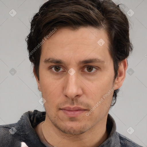 Neutral white adult male with short  brown hair and brown eyes