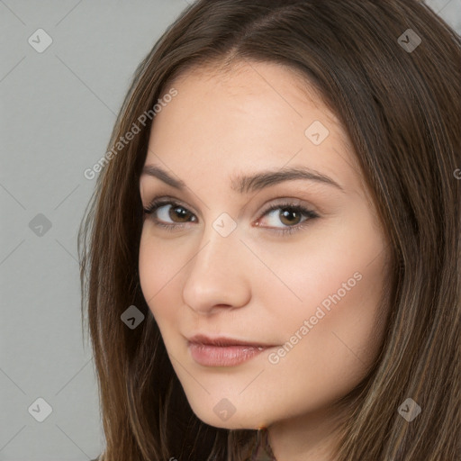 Neutral white young-adult female with long  brown hair and brown eyes