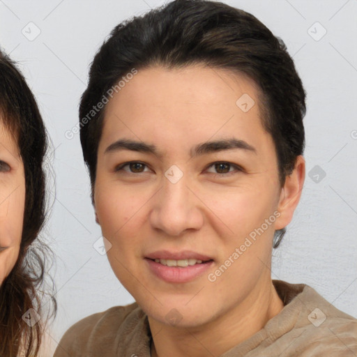 Joyful white young-adult female with medium  brown hair and brown eyes