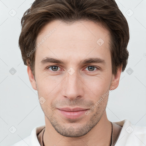 Neutral white young-adult male with short  brown hair and grey eyes