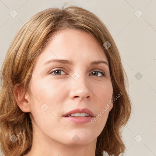 Neutral white young-adult female with long  brown hair and grey eyes