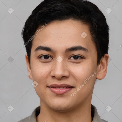 Joyful asian young-adult male with short  brown hair and brown eyes