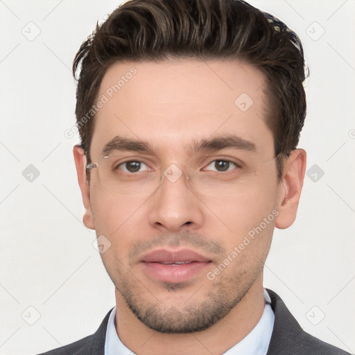 Neutral white adult male with short  black hair and brown eyes