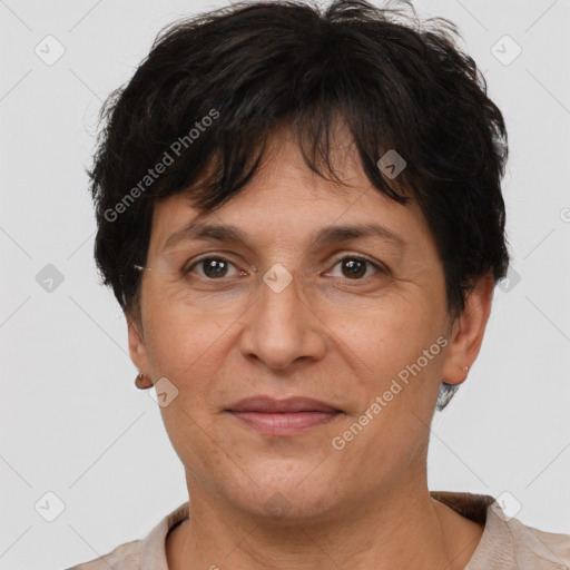 Joyful white adult female with short  brown hair and brown eyes