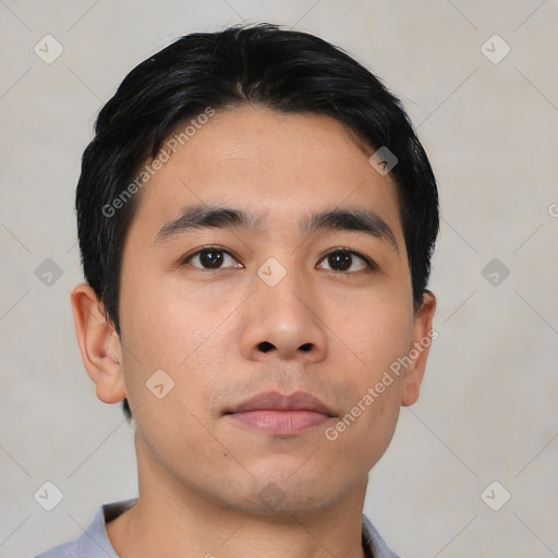 Neutral asian young-adult male with short  black hair and brown eyes