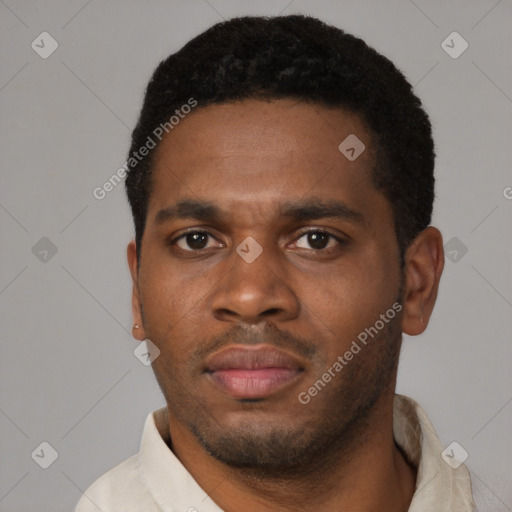 Neutral latino young-adult male with short  black hair and brown eyes