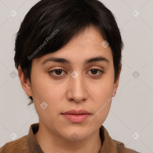 Neutral white young-adult female with medium  brown hair and brown eyes