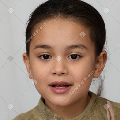 Joyful white child female with medium  brown hair and brown eyes