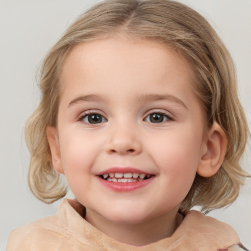 Joyful white child female with medium  brown hair and grey eyes