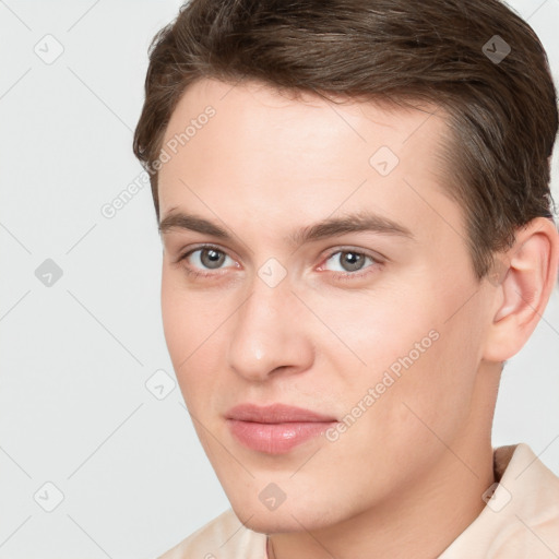 Neutral white young-adult male with short  brown hair and brown eyes