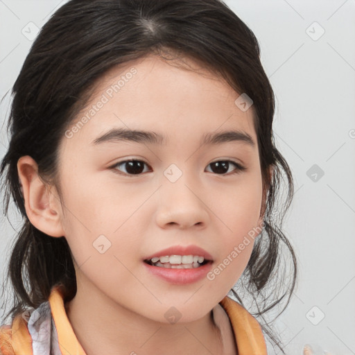 Joyful white child female with medium  brown hair and brown eyes