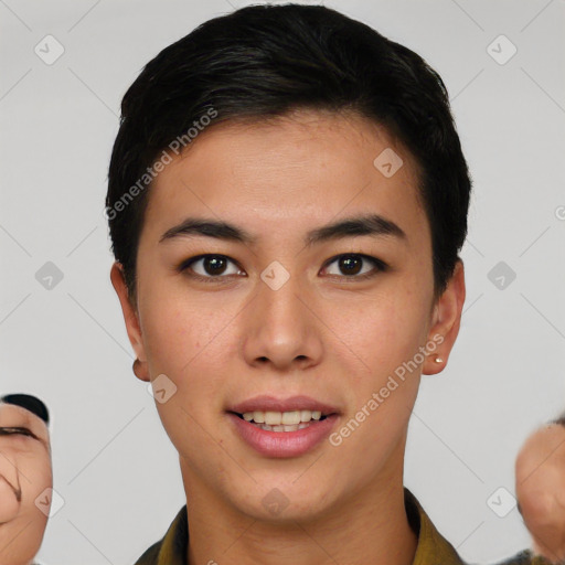 Joyful asian young-adult female with short  black hair and brown eyes