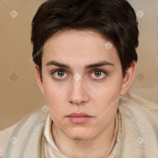 Neutral white young-adult female with short  brown hair and brown eyes