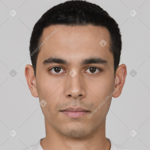 Neutral latino young-adult male with short  black hair and brown eyes