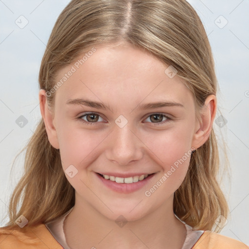 Joyful white child female with medium  brown hair and brown eyes