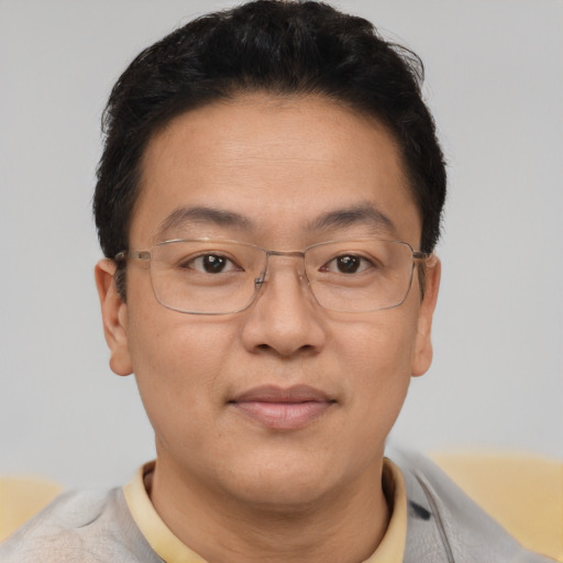 Joyful asian adult male with short  brown hair and brown eyes
