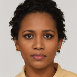 Neutral black young-adult female with short  brown hair and brown eyes