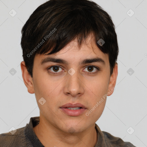 Neutral white young-adult male with short  brown hair and brown eyes