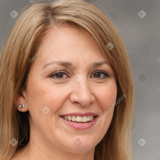 Joyful white adult female with medium  brown hair and brown eyes