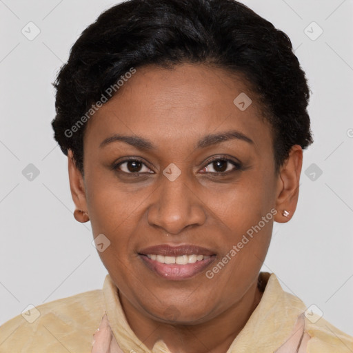 Joyful latino adult female with short  brown hair and brown eyes